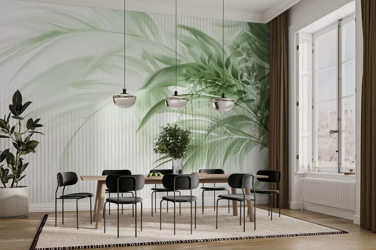 carta da parati Foglie verdi di palma tropicale con sfondo a strisce bianche, illuminazione soffusa, pennellate delicate, forme organiche nr. w09343