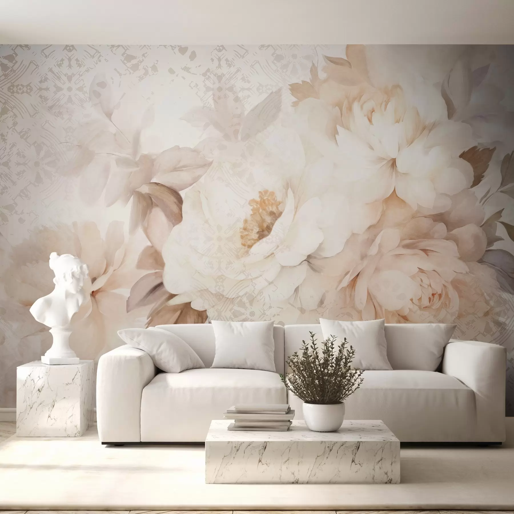 Carta da parati Floreale Composizione floreale di peonie bianche con foglie beige, su uno sfondo decorativo con texture vintage n. w09345