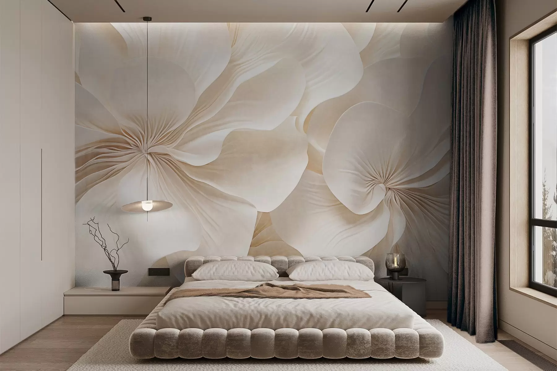 Carta da parati 3D Fiori Primo piano di fiori dalla consistenza cremosa con petali delicati e fluenti, che creano una composizione floreale morbida, elegante e strutturata n. w09346