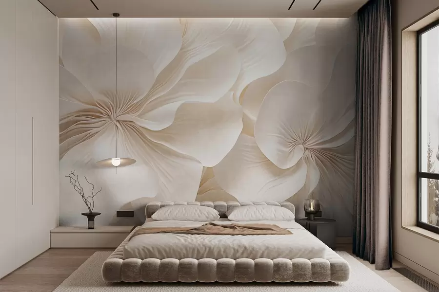 Carta da parati 3D Fiori Primo piano di fiori dalla consistenza cremosa con petali delicati e fluenti, che creano una composizione floreale morbida, elegante e strutturata n. w09346