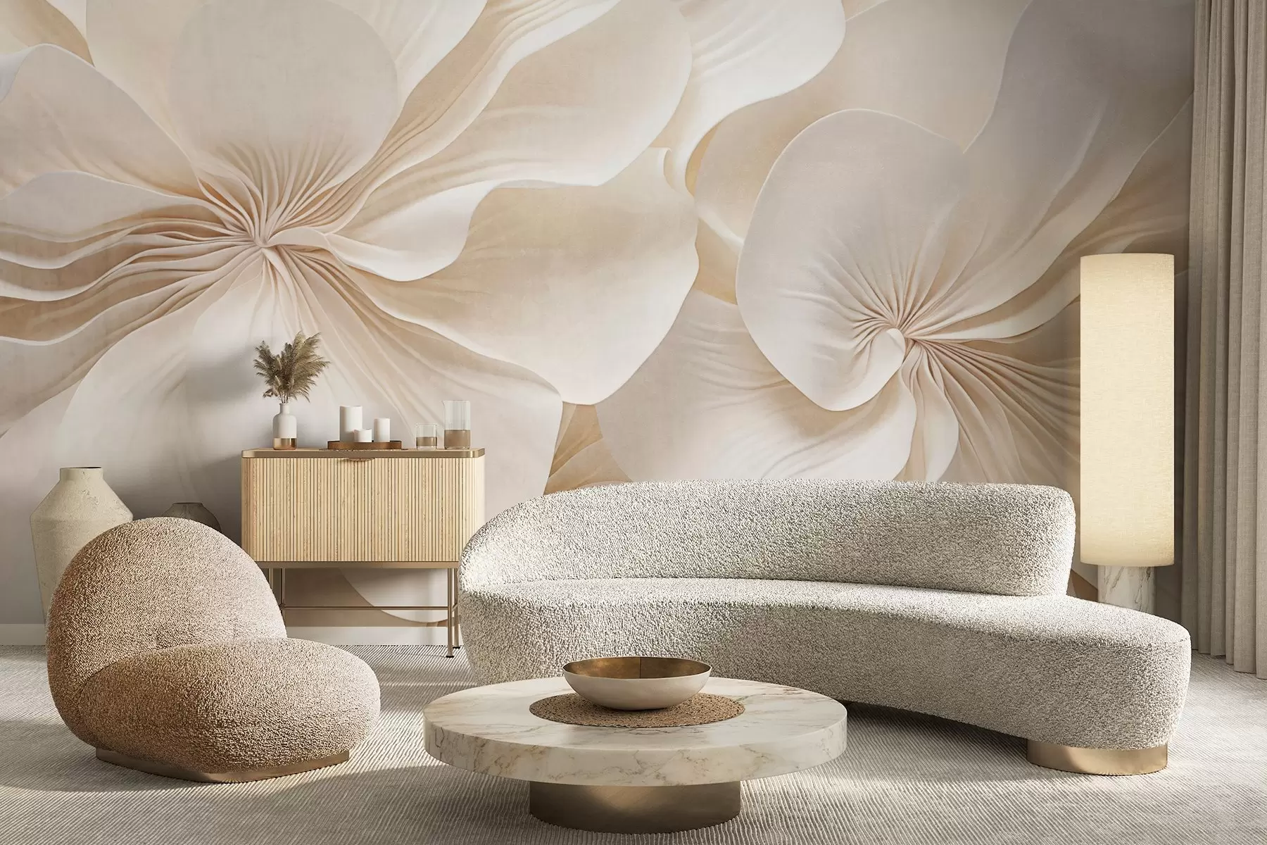 Carta da parati 3D Fiori Primo piano di fiori dalla consistenza cremosa con petali delicati e fluenti, che creano una composizione floreale morbida, elegante e strutturata n. w09346