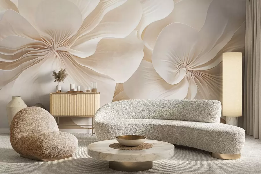 Carta da parati 3D Fiori Primo piano di fiori dalla consistenza cremosa con petali delicati e fluenti, che creano una composizione floreale morbida, elegante e strutturata n. w09346