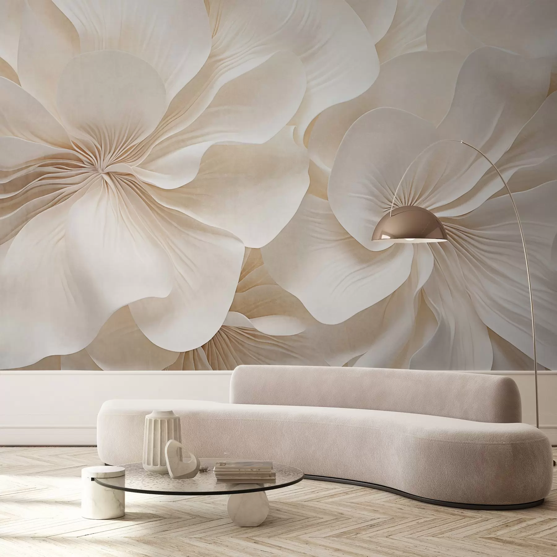 Carta da parati 3D Fiori Primo piano di fiori dalla consistenza cremosa con petali delicati e fluenti, che creano una composizione floreale morbida, elegante e strutturata n. w09346