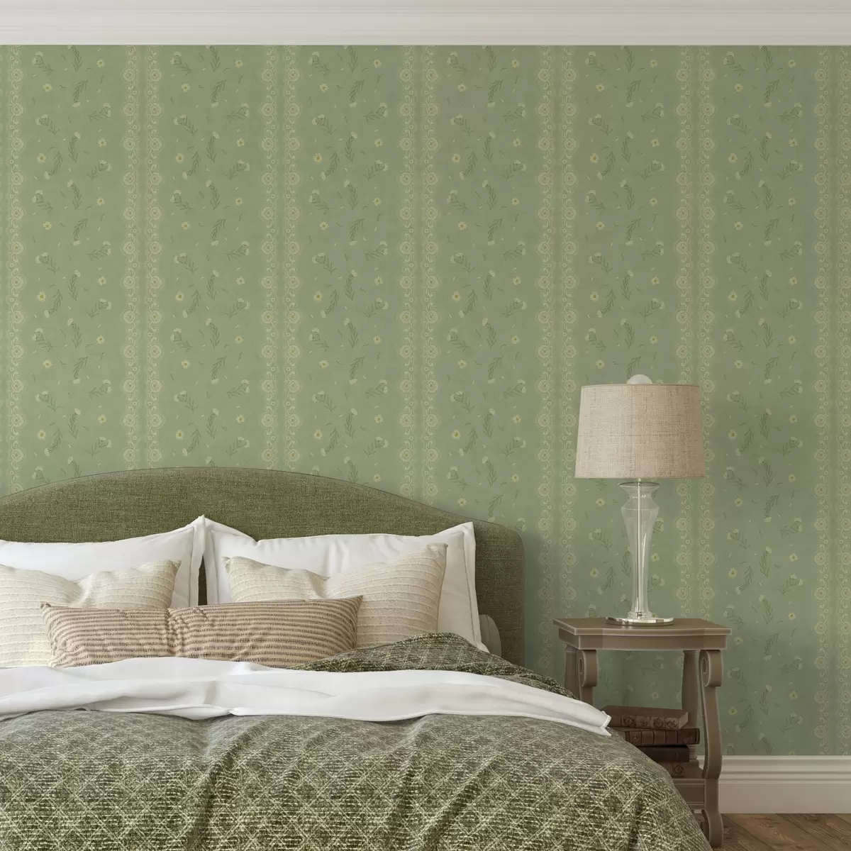 Carta da parati Sfondo verde con margherite e bordo in pizzo a00291