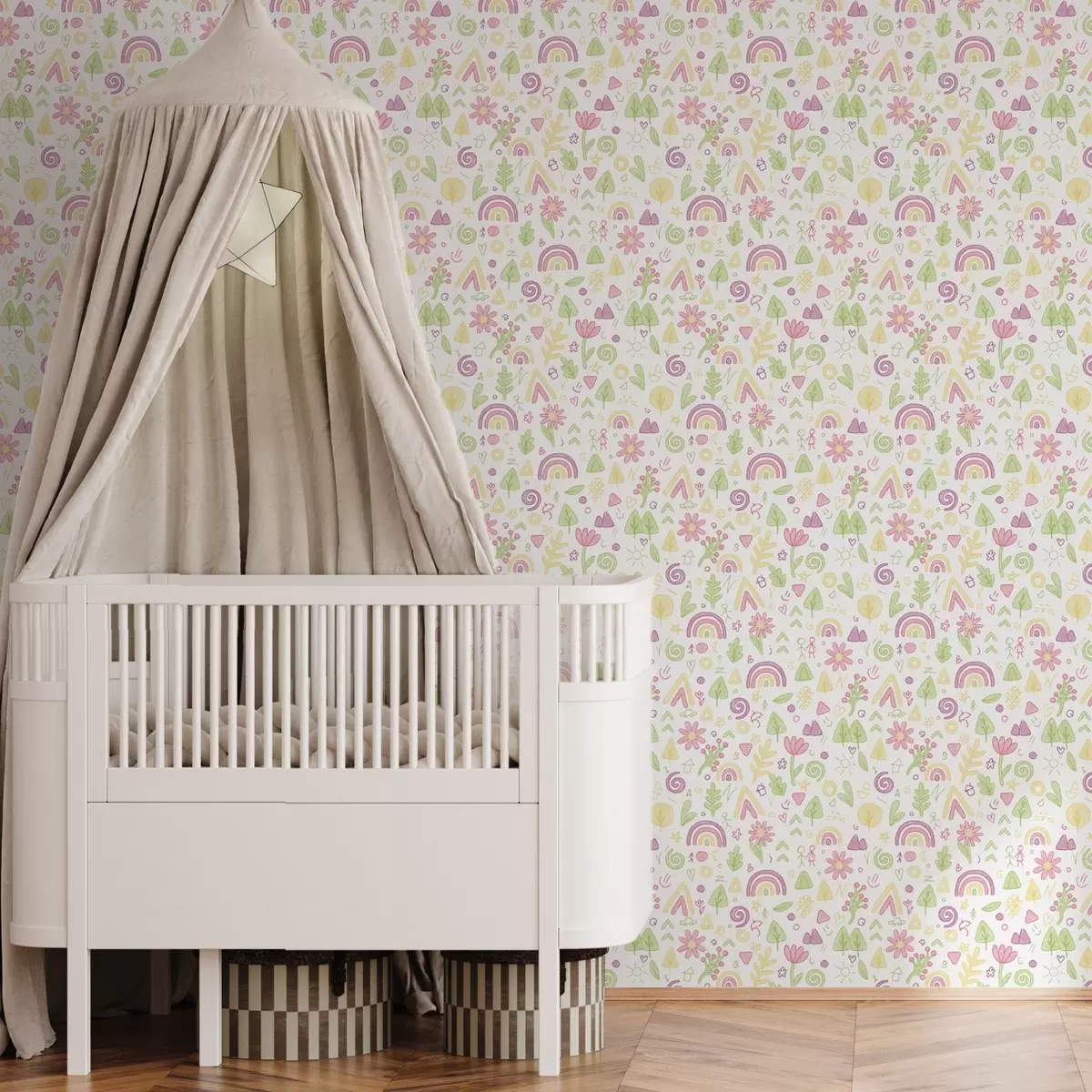 Carta da parati Disegno per bambini con arcobaleni, fiori e alberi a00296