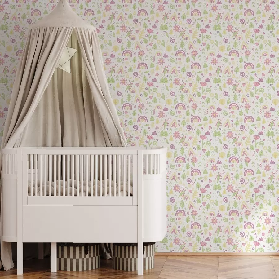 carta da parati Disegno per bambini con arcobaleni, fiori e alberi nr. a00296