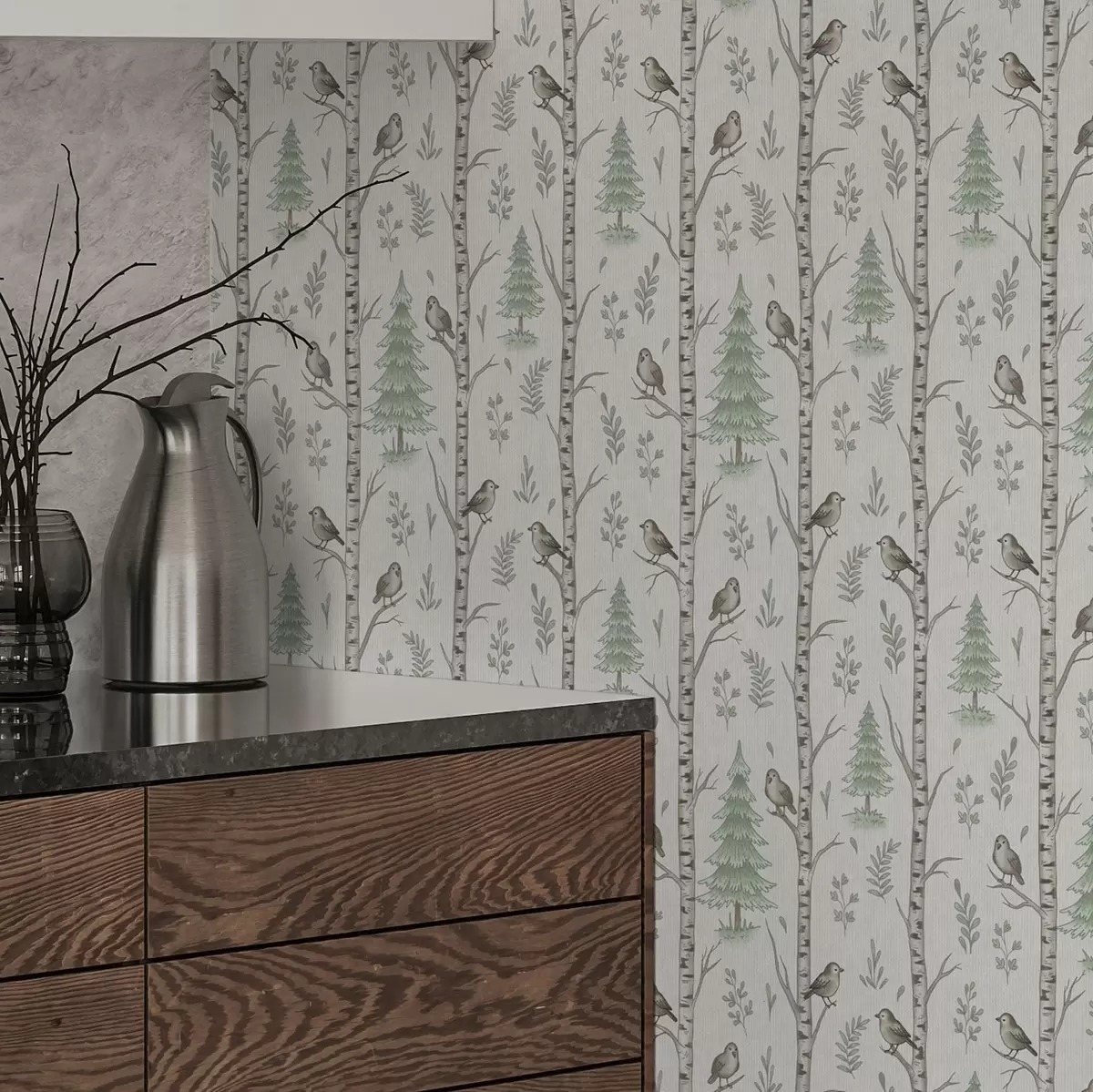 Carta da parati Betulle con uccelli in una foresta verde chiaro a00316