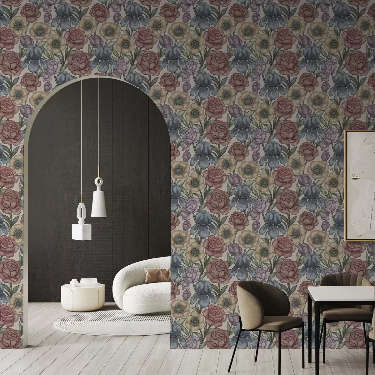 Carta da parati Grandi illustrazioni floreali con iris e peonie a00325