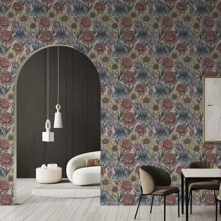 carta da parati Grandi illustrazioni floreali con iris e peonie nr. a00325