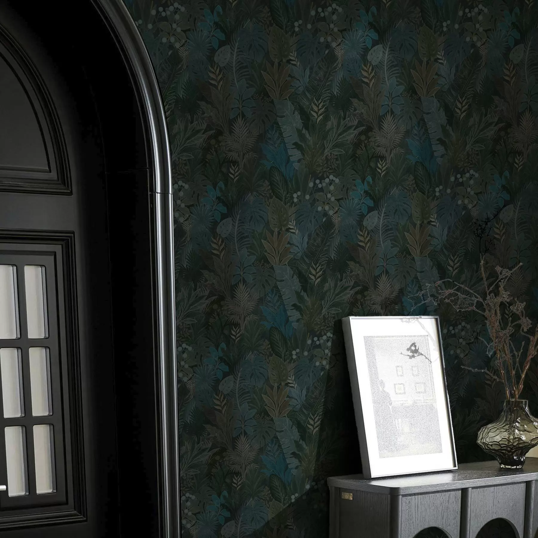 carta da parati Fogliame tropicale verde scuro con accenti blu nr. a00327