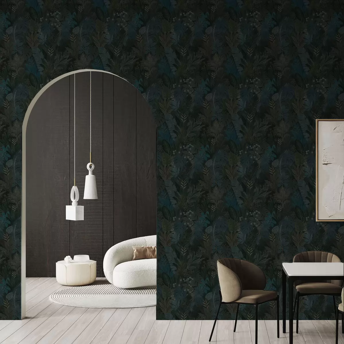 Carta da parati Fogliame tropicale verde scuro con accenti blu a00327