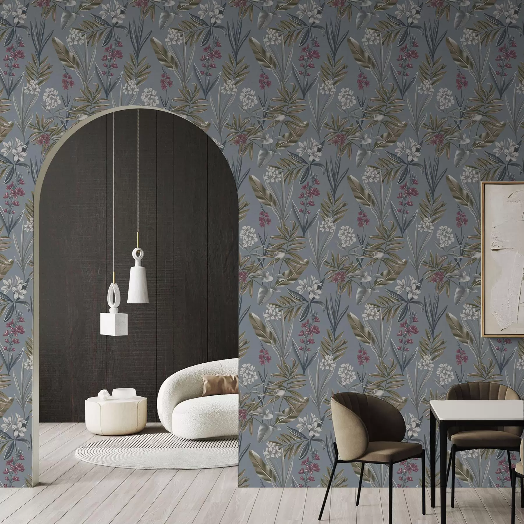 carta da parati Rami floreali su sfondo grigio-blu nr. a00350