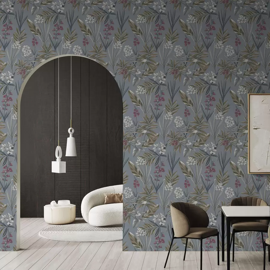 carta da parati Rami floreali su sfondo grigio-blu nr. a00350