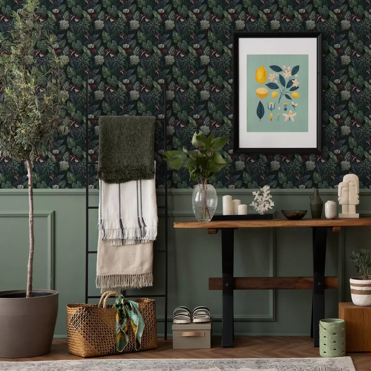 Carta da parati Foglie tropicali con fiori bianchi e rossi a00361