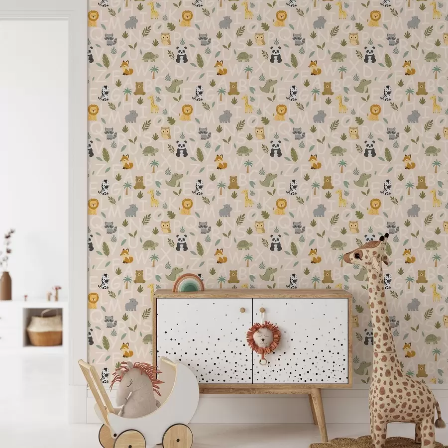 carta da parati Alfabeto con simpatici animali e piante per bambini nr. a00400