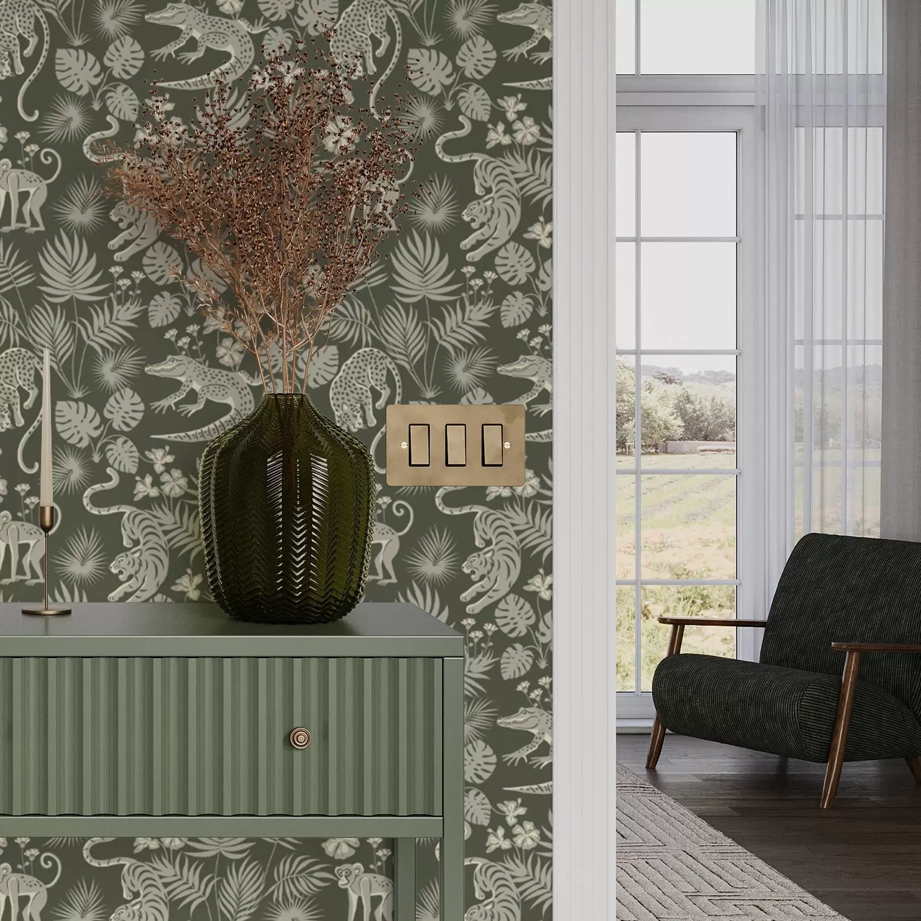 carta da parati Silhouette di animali selvatici tra le foglie tropicali nr. a00404