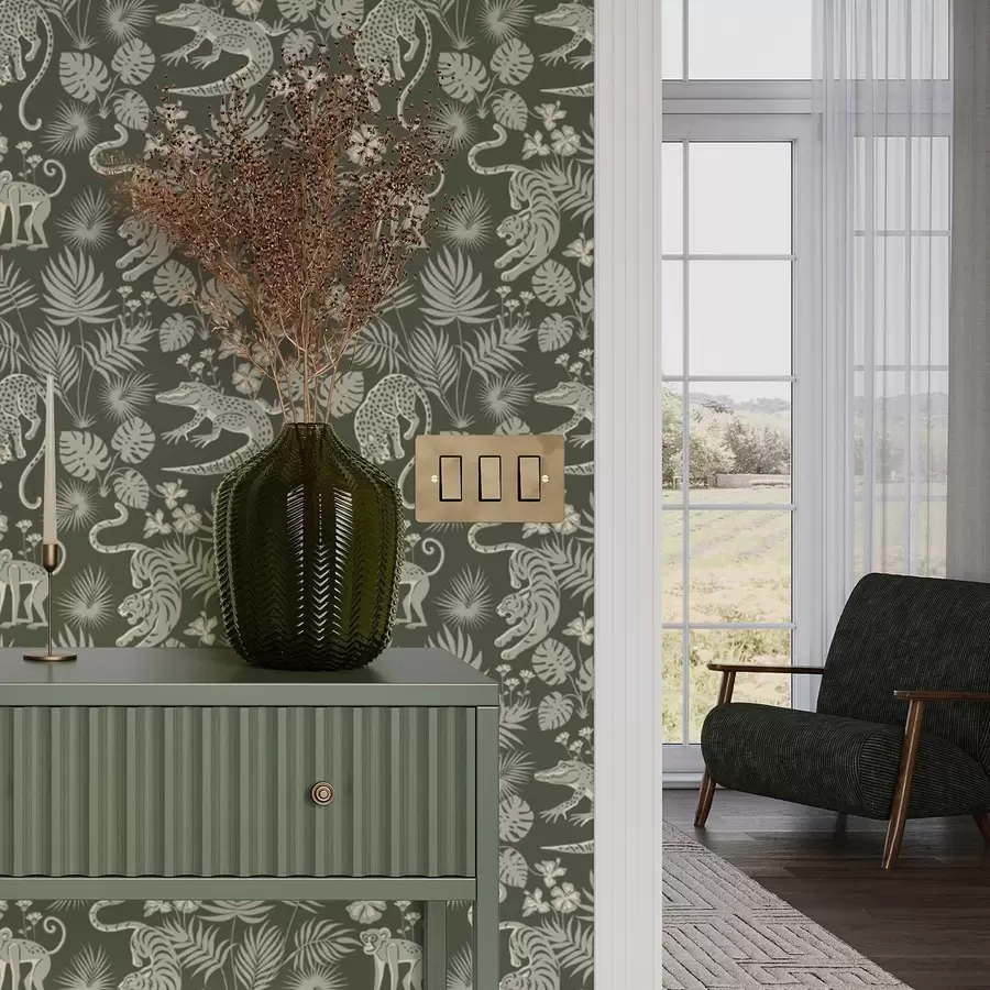 carta da parati Silhouette di animali selvatici tra le foglie tropicali nr. a00404