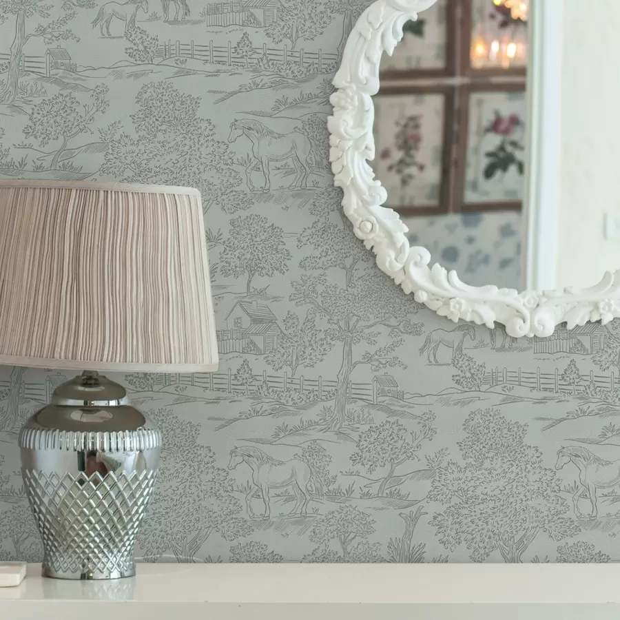 carta da parati Paesaggio verde e monocromatico con cavalli e casolari nr. a00407