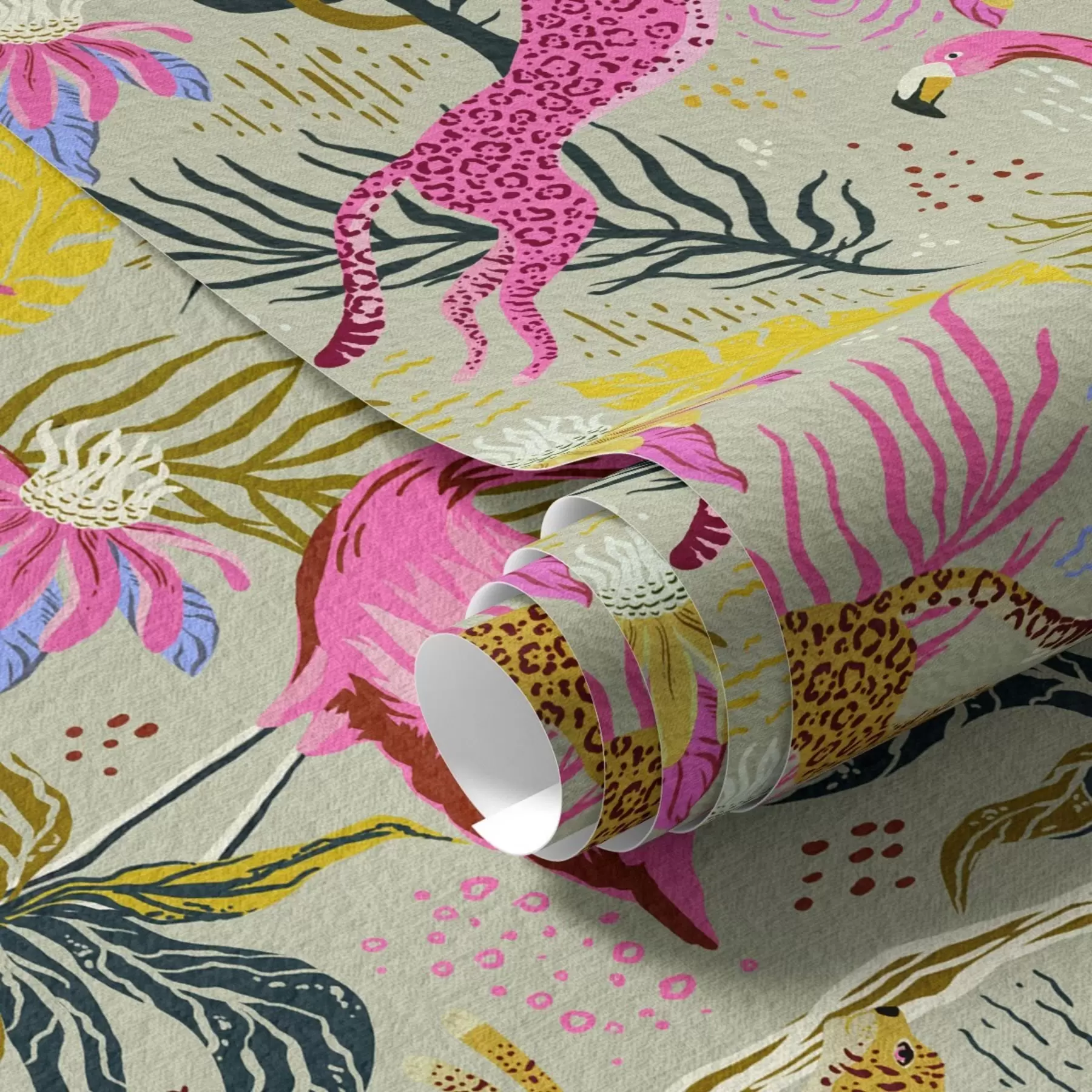 carta da parati Fenicotteri e leopardi luminosi tra le piante tropicali nr. a00470