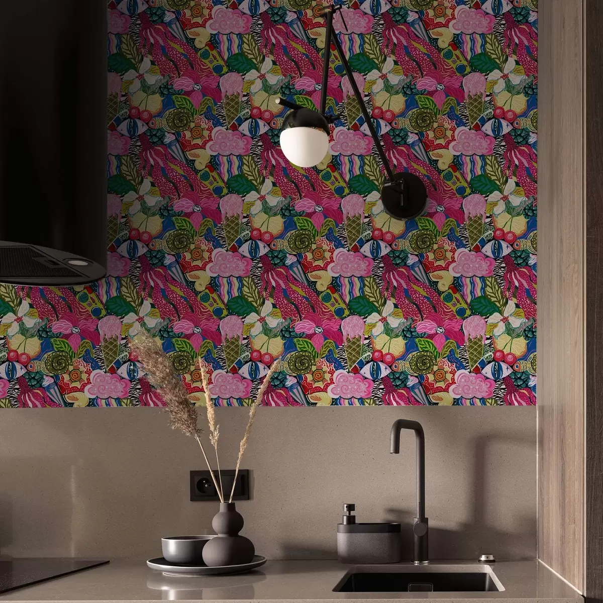 Carta da parati Pop-art astratta con fiori, bacche e disegni a00471