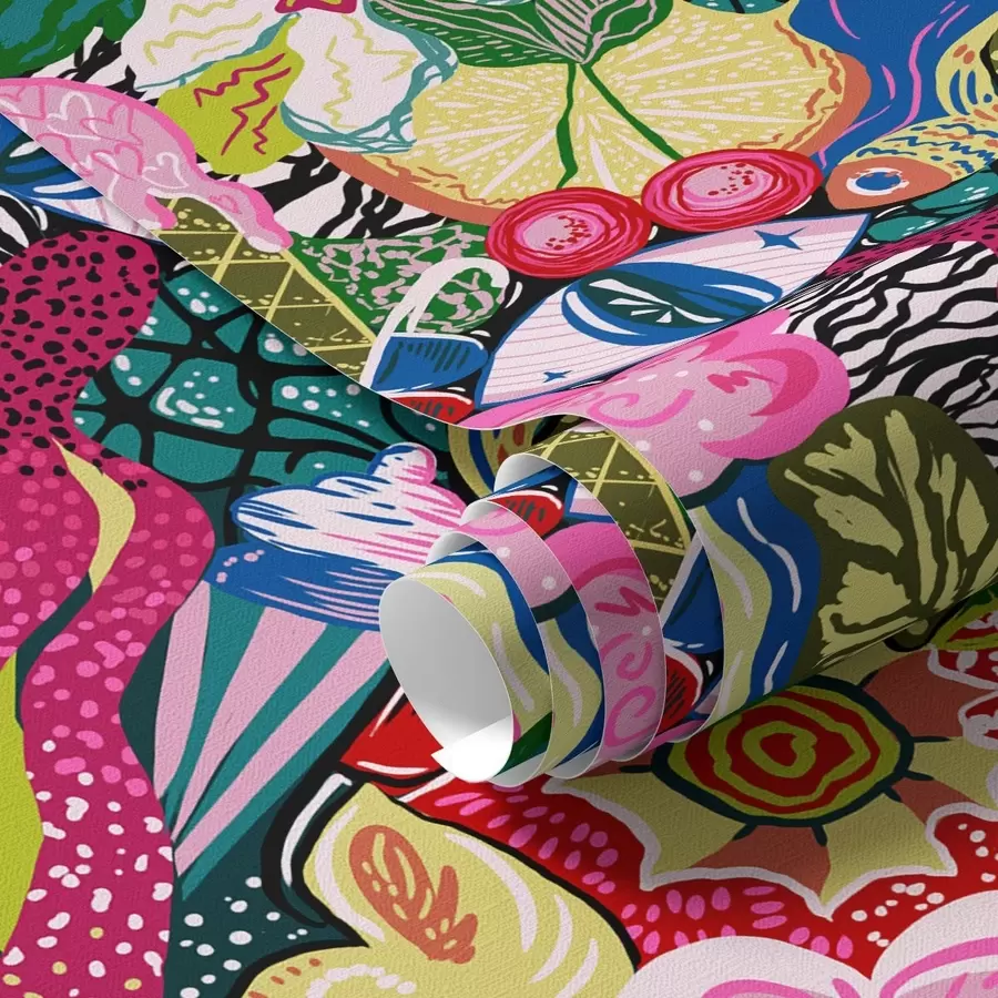 carta da parati Pop-art astratta con fiori, bacche e disegni nr. a00471