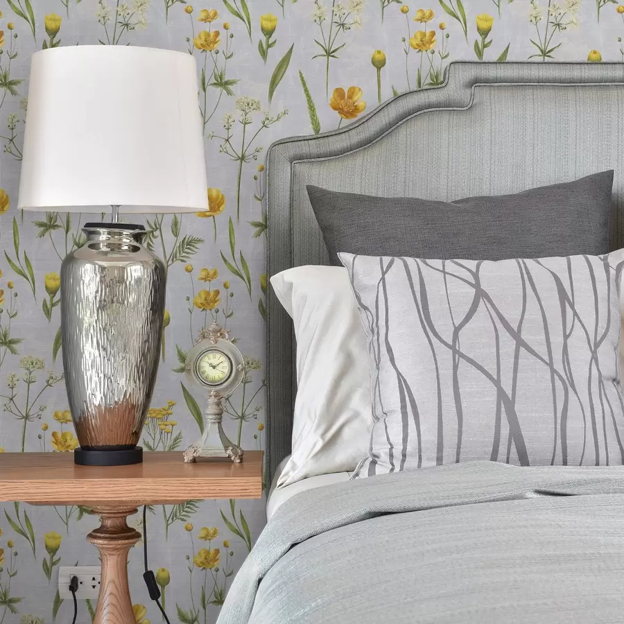 carta da parati Fiori gialli e verde su uno sfondo grigio chiaro nr. a00472
