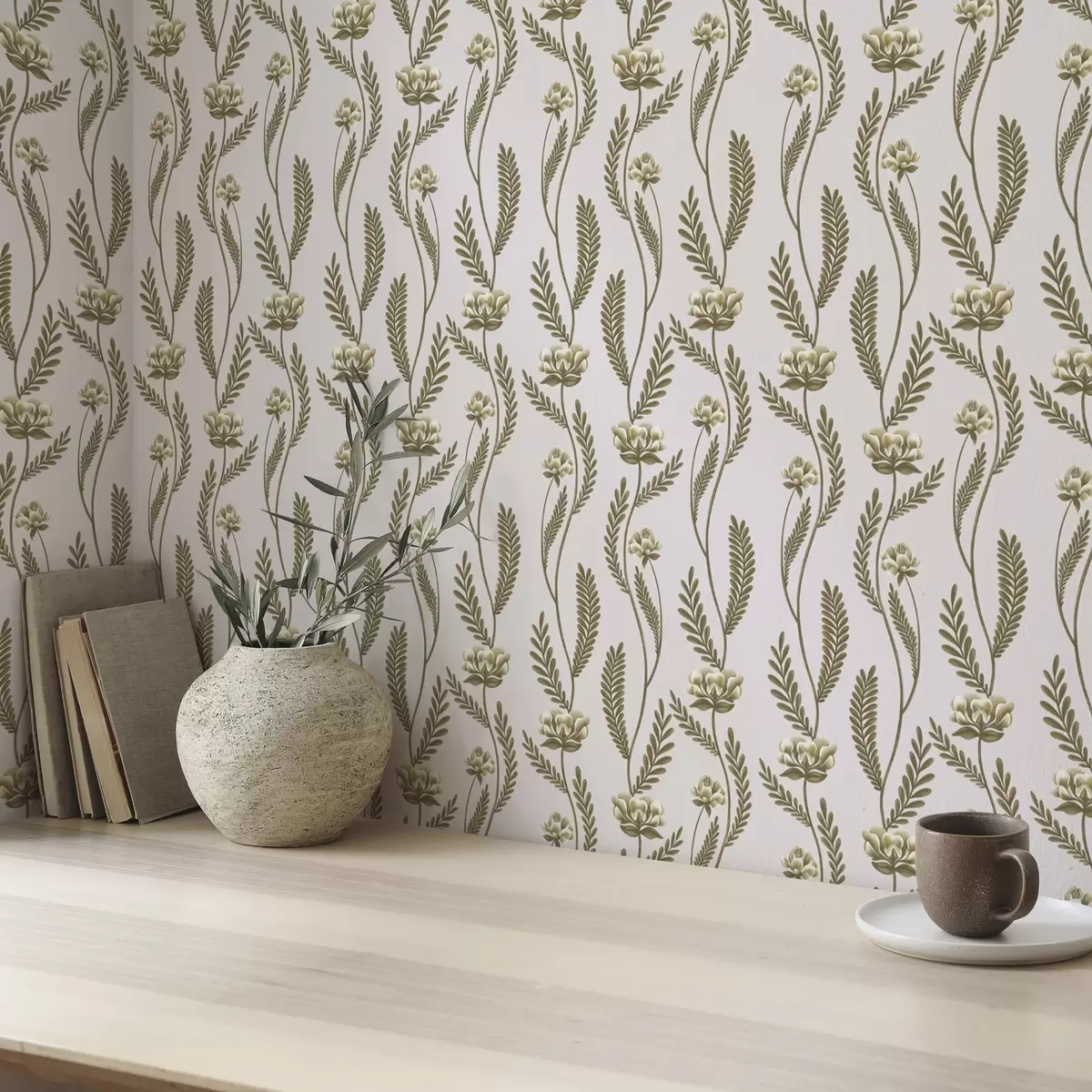 Carta da parati Ornamento verticale con fiori bianchi su sfondo rosa a00476