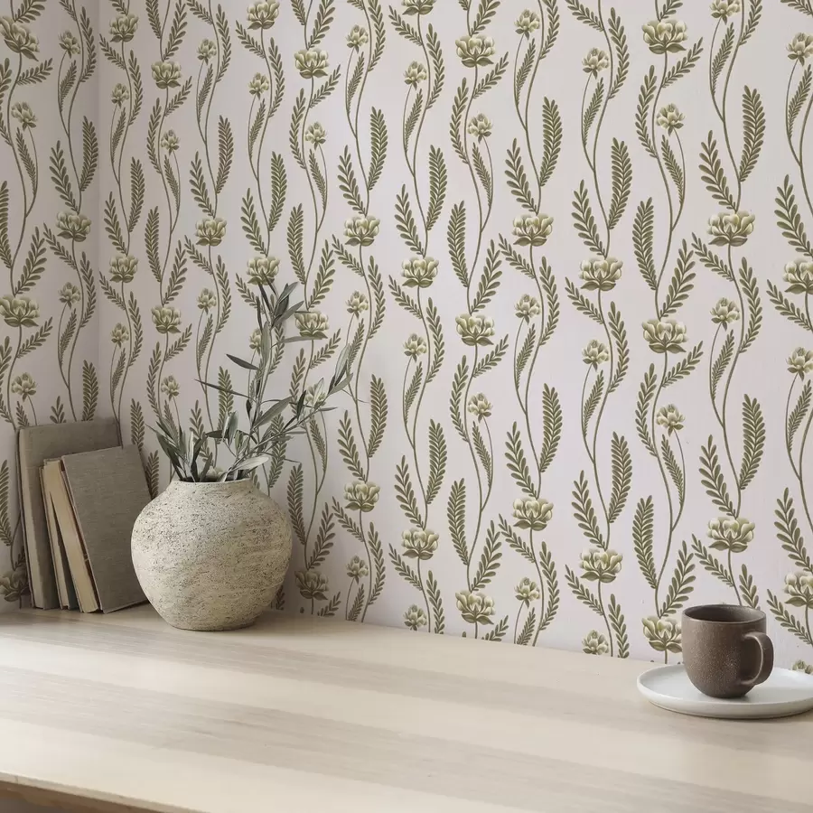 carta da parati Ornamento verticale con fiori bianchi su sfondo rosa nr. a00476