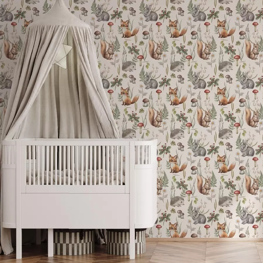 carta da parati Animali della foresta, funghi e piante in stile fiabesco nr. a00477