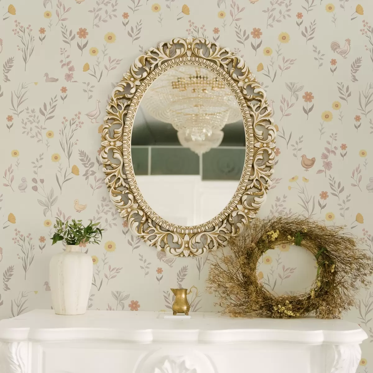 Carta da parati Fiori di campo e galline in tenui toni pastello a00478