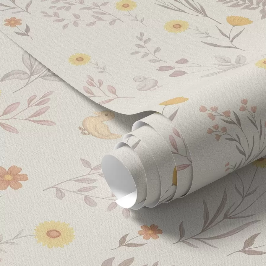 carta da parati Fiori di campo e galline in tenui toni pastello nr. a00478