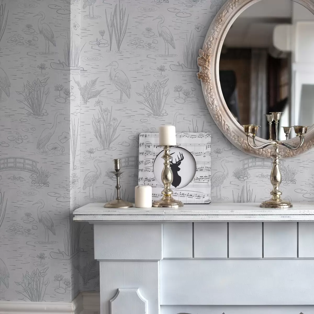 Carta da parati Disegno di aironi e piante acquatiche in calme tonalità di grigio a00479