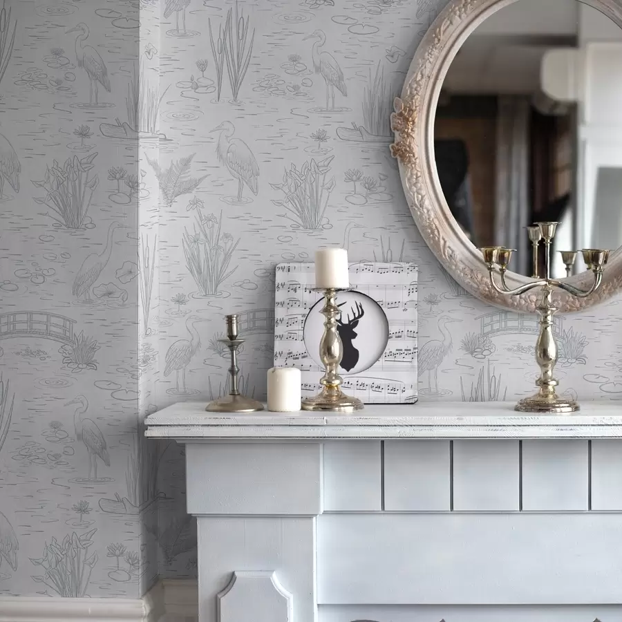 carta da parati Disegno di aironi e piante acquatiche in calme tonalità di grigio nr. a00479