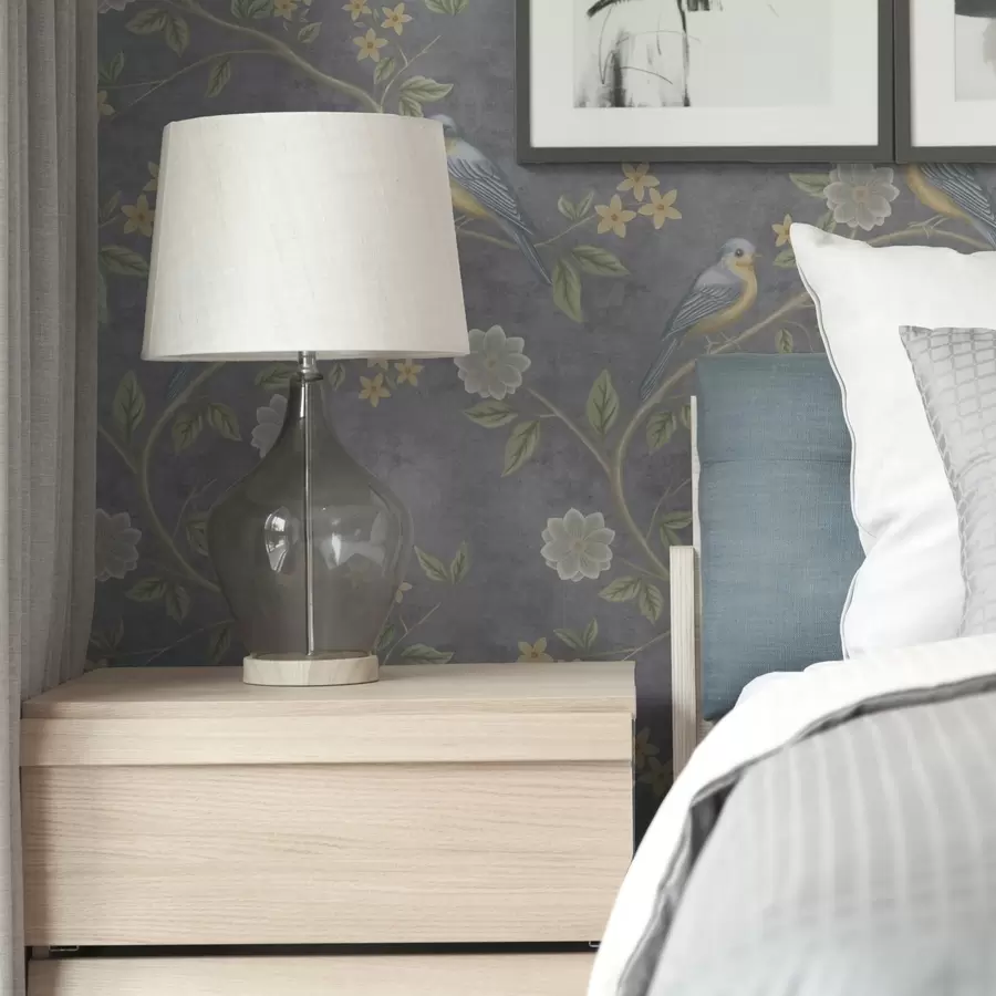 carta da parati Uccelli su rami tra fiori su sfondo grigio nr. a00483