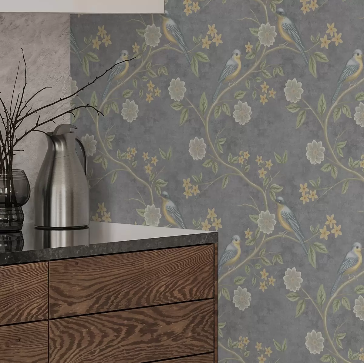Carta da parati Uccelli su rami tra fiori su sfondo grigio a00483