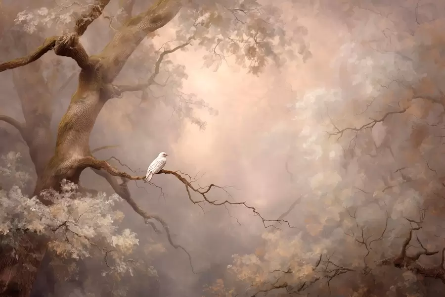 Carta da parati nature foresta mistica con un uccello bianco 