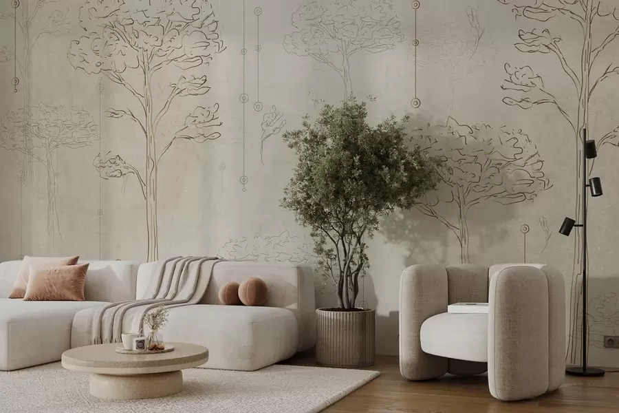 Carta da parati nature Sagome lineari di alberi in stile minimalista 