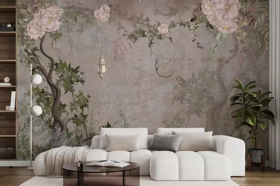 carta da parati Giardino delle fate con fiori, alberi e lanterna nr. w04416