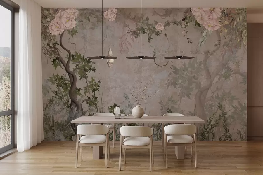 carta da parati Giardino delle fate con fiori, alberi e lanterna nr. w04416