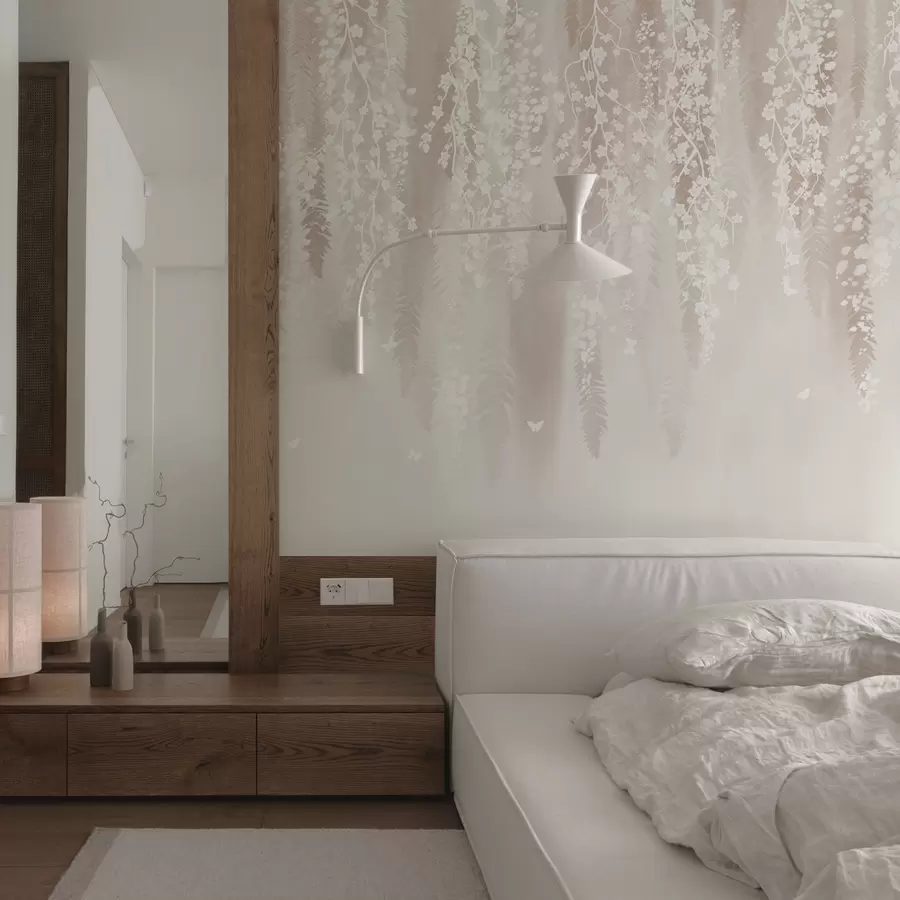 Carta da parati Floreale Rami leggeri con fiori bianchi su uno sfondo delicato n. w04417