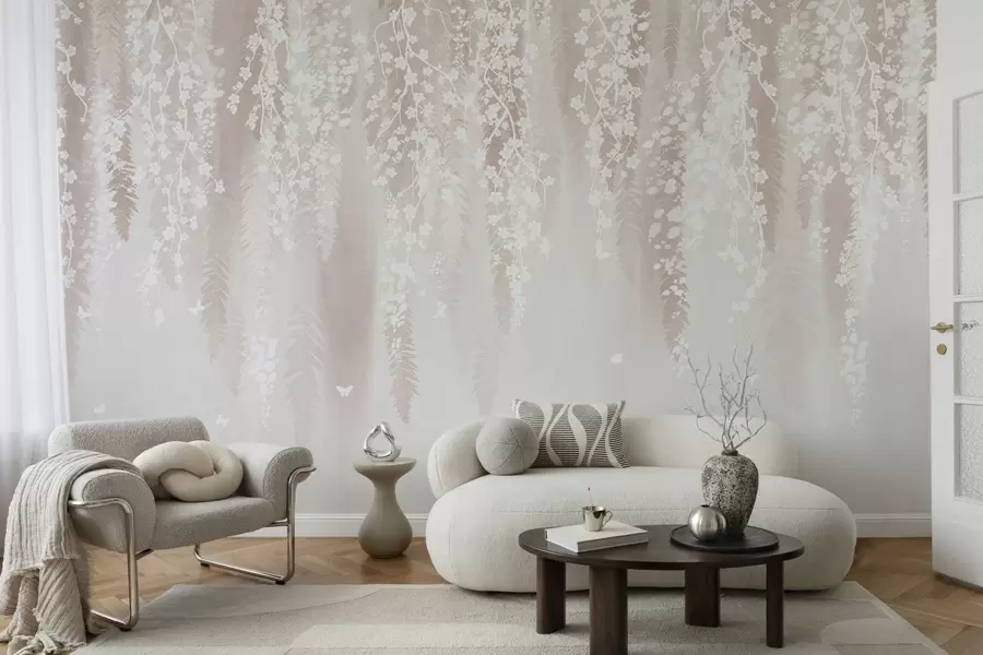 Carta da parati Floreale Rami leggeri con fiori bianchi su uno sfondo delicato n. w04417