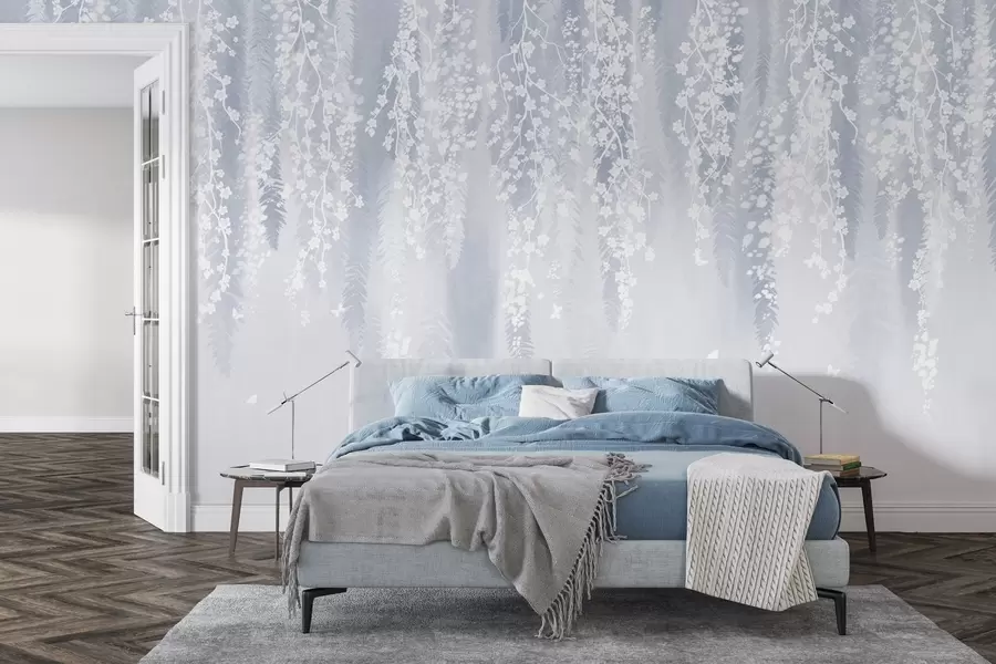 Carta da parati nature Versione blu fredda di rami con fiori bianchi 