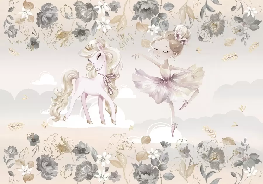 carta da parati Un pony bianco come la neve e una ballerina tra fiori e nuvole nr. w04419