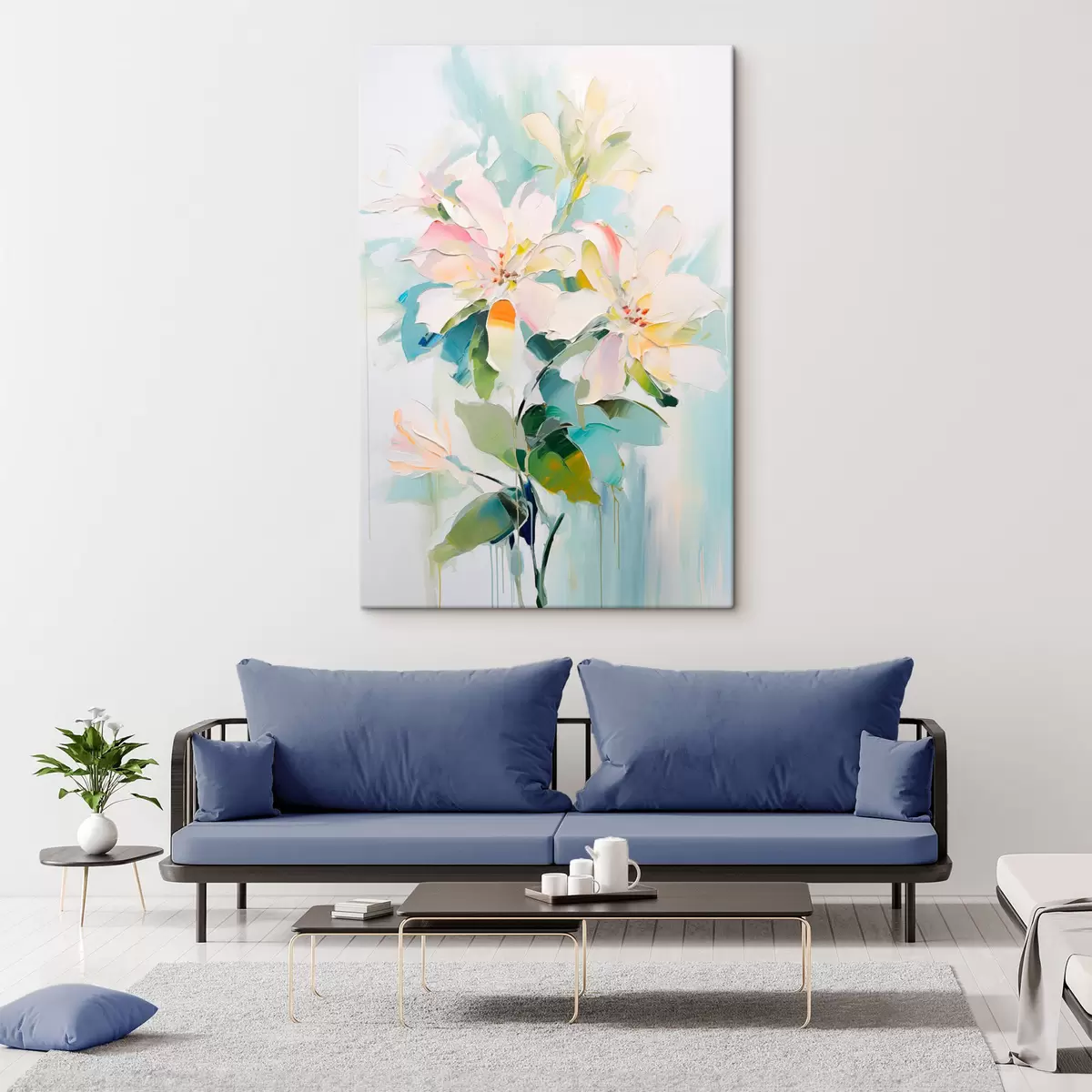 carta da parati Fiori con accenti colorati, foglie verdi, imitazione di pittura ad olio con pennellate morbide, sfondo blu chiaro nr. s45549