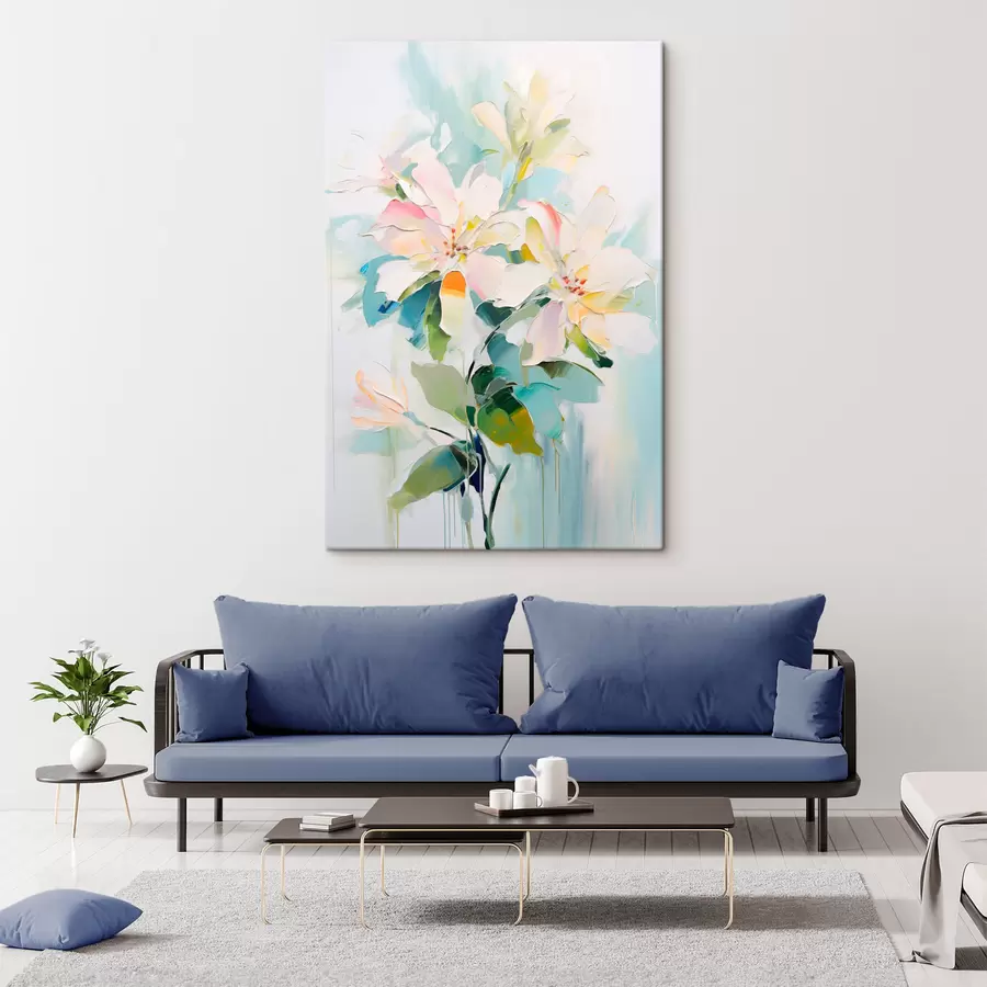 carta da parati Fiori con accenti colorati, foglie verdi, imitazione di pittura ad olio con pennellate morbide, sfondo blu chiaro nr. s45549