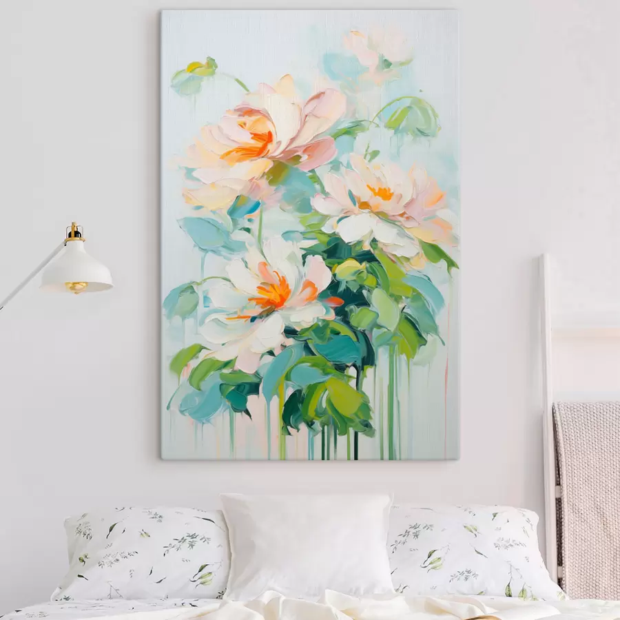 carta da parati Fiori di pesco bianchi e pastello, foglie verdi, imitazione di pittura ad olio con pennellate morbide, sfondo blu chiaro nr. s45550