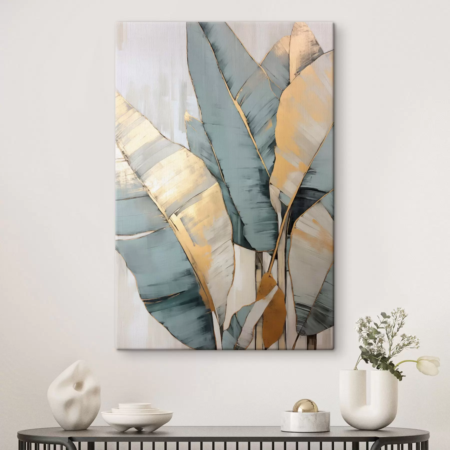 carta da parati Foglie di banano blu, grigie e gialle con pennellate visibili, su uno sfondo bianco astratto nr. s45552