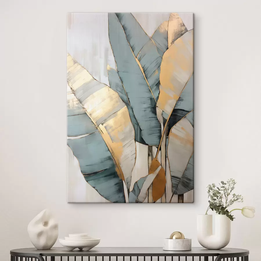 carta da parati Foglie di banano blu, grigie e gialle con pennellate visibili, su uno sfondo bianco astratto nr. s45552