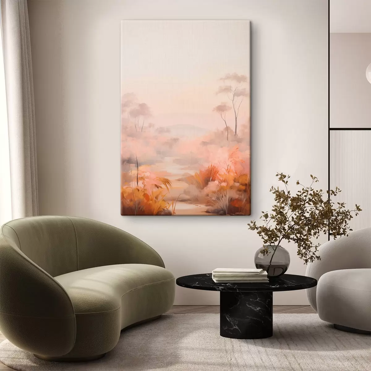 carta da parati Un paesaggio con cespugli e alberi nei toni del rosa, dell'arancio e del marrone, con le montagne sullo sfondo nr. s45553