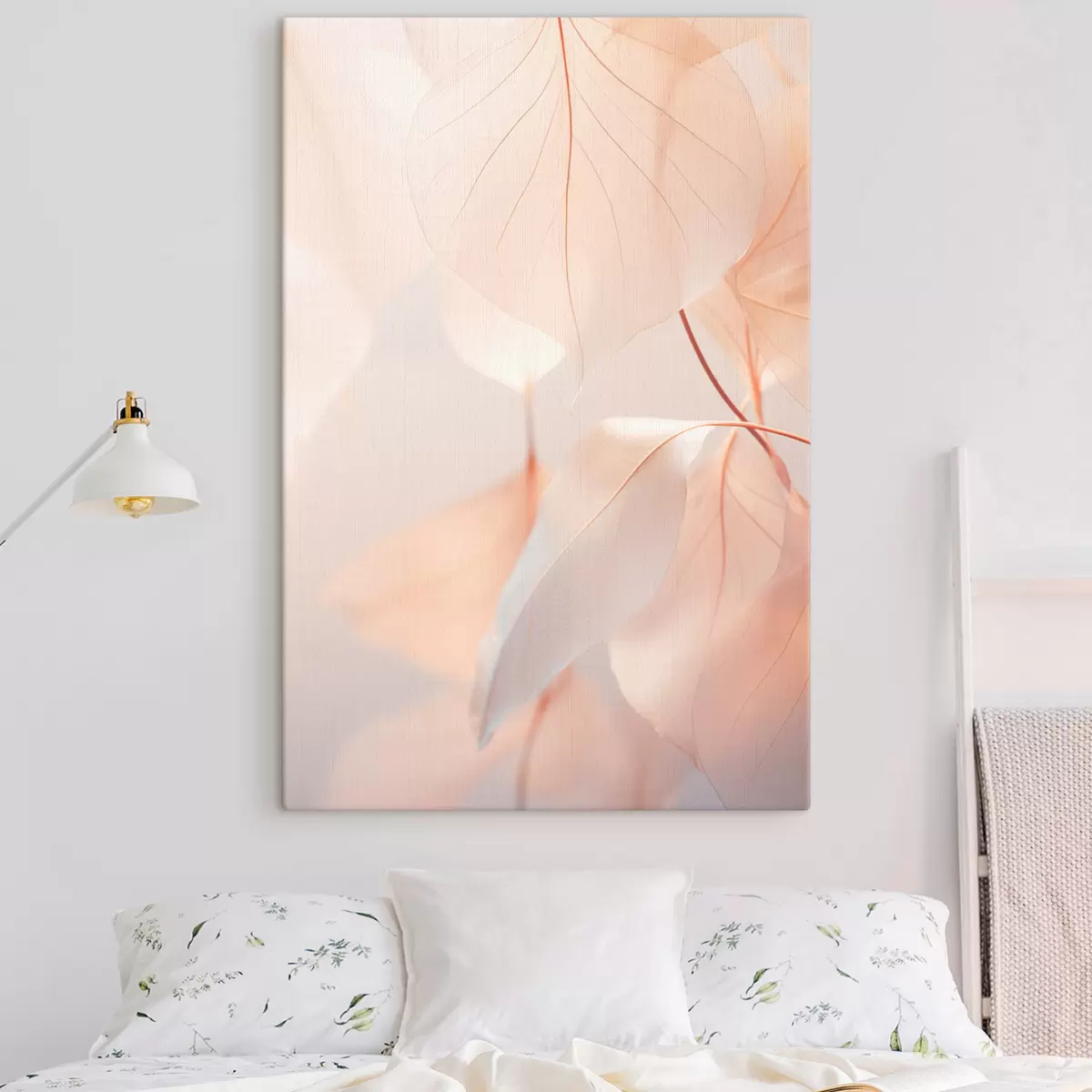 carta da parati Primo piano di foglie traslucide con venature delicate, tavolozza di colori bianco e pesca, sfondo sfocato nr. s45556